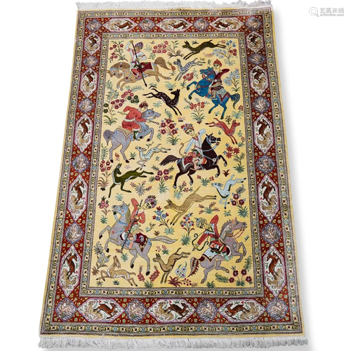 Persian Silk Qum Hunting Rug