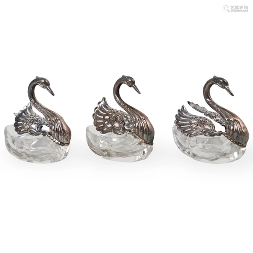 Sterling Silver & Crystal Swan Salt Cellars