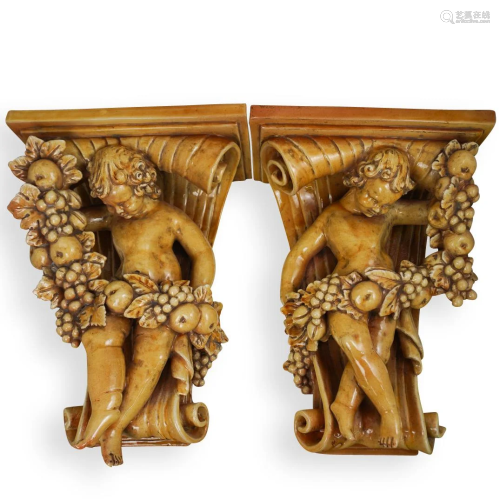 (2 Pc) Signed Italian Ceramic Cherub Wall Shelfs