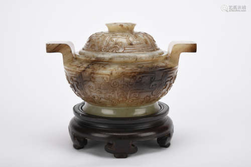 Qing Dynasty jade incense burner with beast face pattern
