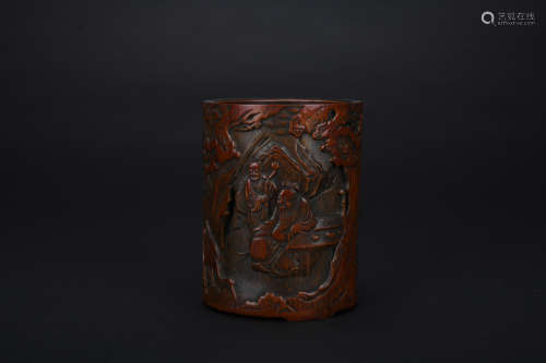 Qing Dynasty bamboo carving figure pen container