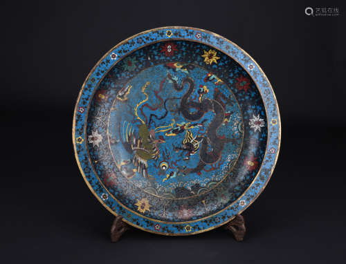 Qing dynasty cloisonne plate  with dragon and phoenix pattern