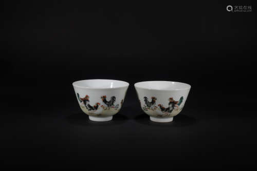 Qing dynasty pastel flower and bird bowl*1 pair