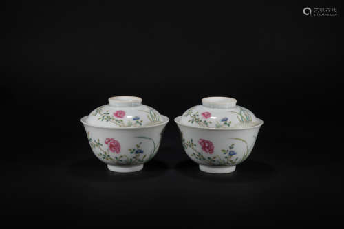 Qing dynasty pastel bowl with cover*1 pair