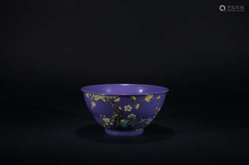 Qing dynasty aubergine glaze pastel flower bowl