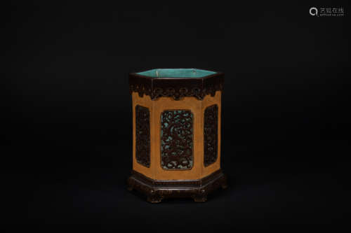Qing dynasty bronze glaze hollowed-out pen container