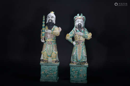 Qing dynasty plain tricolour statue of the God of Door*1 pair