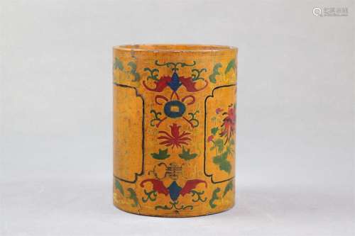 A Painted Lacquered Wood Brush Pot