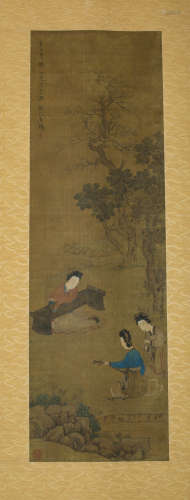 A Chinese Figure Silk Scroll, Chen Xiaolian Mark