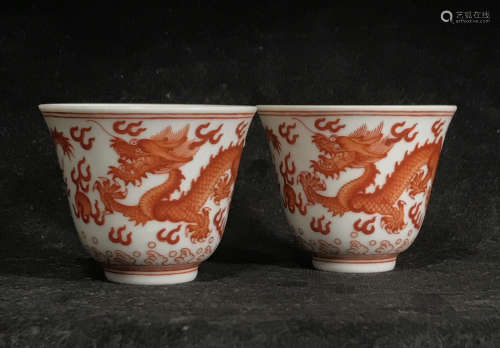 A Pair of Iron Red Glazed Porcelain Tea Cups