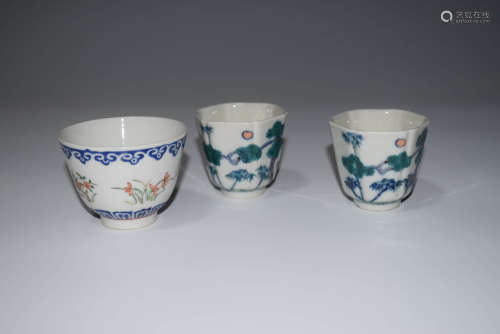 Three Chinese Doucai and Famille Rose Porcelain Cups