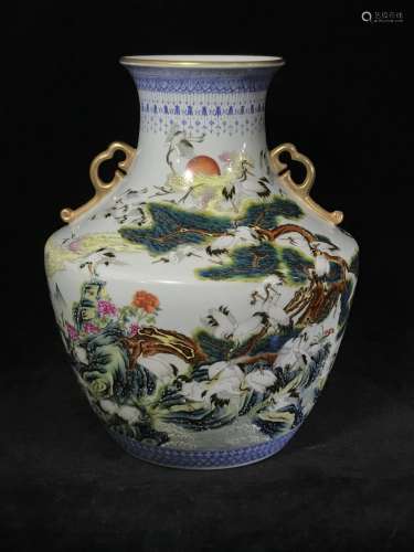A Famille Rose Double Ear Porcelain 'Zun' Vase