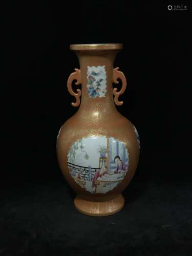 An Iron Red Glazed Gold-painted Double Ear Porcelain Vase