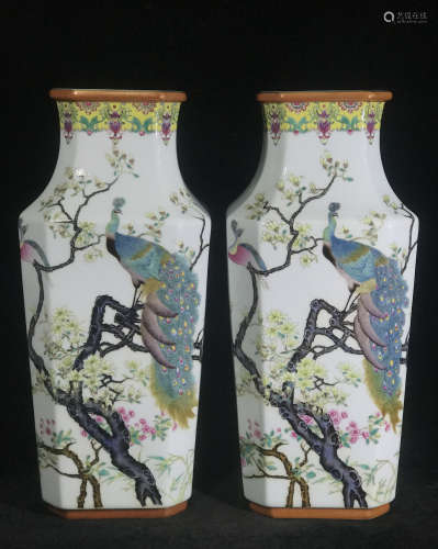 A Pair of Famille Rose Porcelain Hexagon Vases