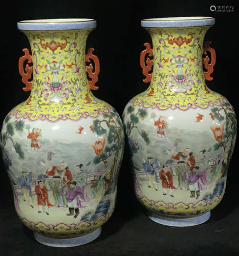A Pair of Famillie Rose Double Ear Vases
