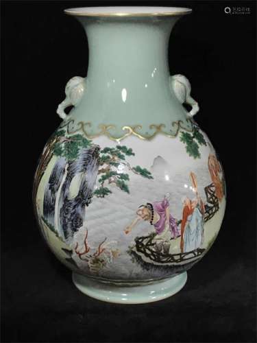 A Famille Rose Double 'Elephant' Ear Porcelain 'Zun' Vase