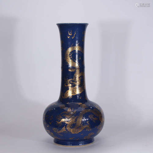 A Chinese Blue Glazed Gold Leaf Porcelain Bottle Vase