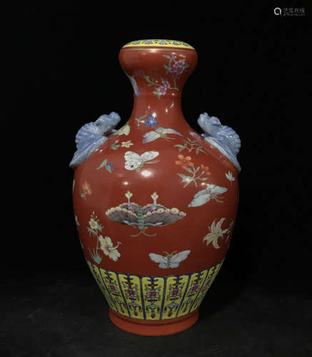 A Coral Glazed Double Ear Garlic Head Shaped Porcelain Vase