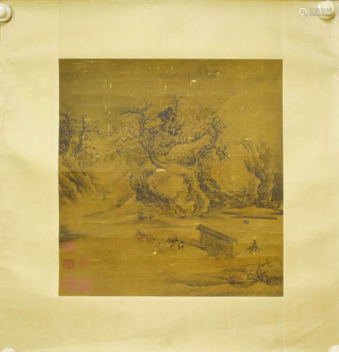 A Chinese Landscape Painting Silk Scroll, Unknown Mark