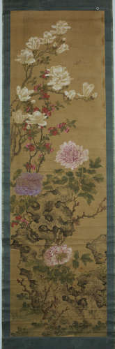 A Chinese Flower-and-plant Silk Scroll, Unknown Mark