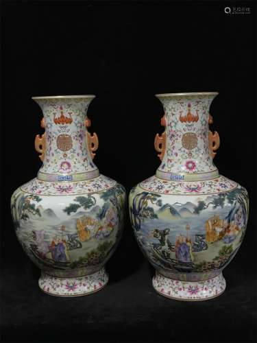 A Pair of Famille Rose Double Ear Porcelain Vases