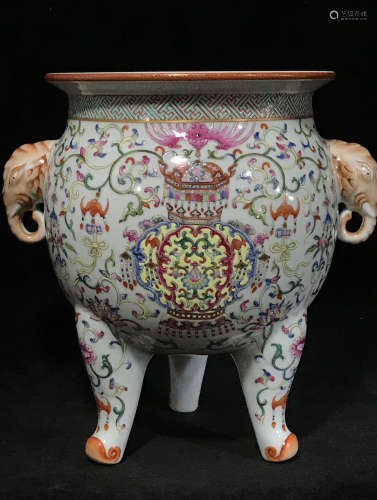 A Famille Rose Porcelain Tripod Burner with 'Elephant Ear' Handles 