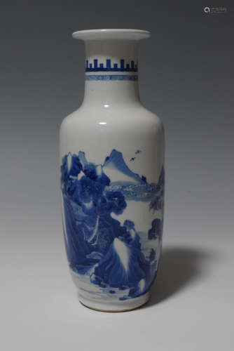 A Chinese Blue and White Landscape Porcelain 'Bangchui' Vase