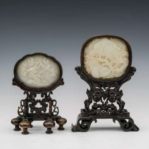 SET OF 2 PCS 19TH C JADE OVAL MEDALLION TABLE SCREEN