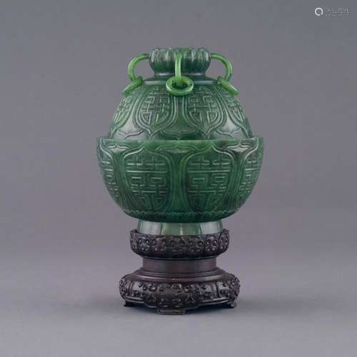 QIANLONG GREEN JADE LIDDED CENSER ON STAND