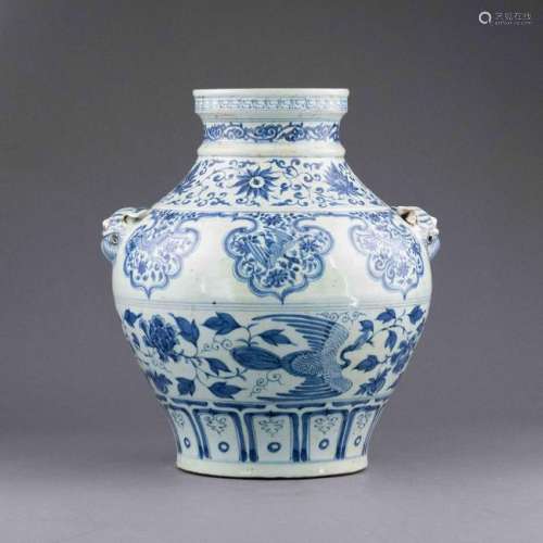 YUAN BLUE AND WHITE DOUBLE TIGER JAR (PHOENIX MOTIF)