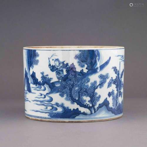 QING BLUE AND WHITE FIGURINES BRUSH POT