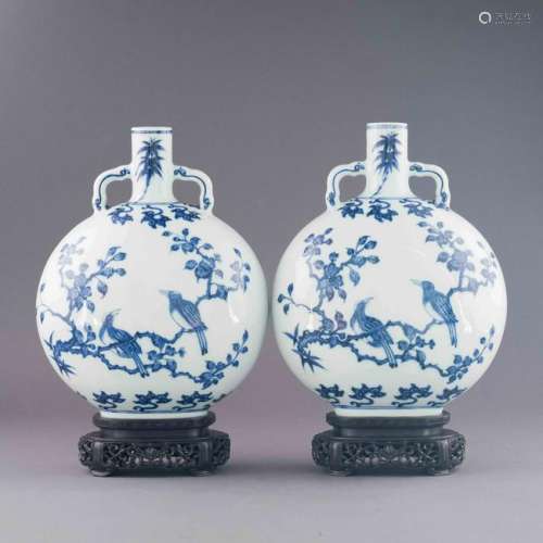 PR. YONGZHENG BLUE AND WHITE MAGPIE & PRUNUS MOON VASES