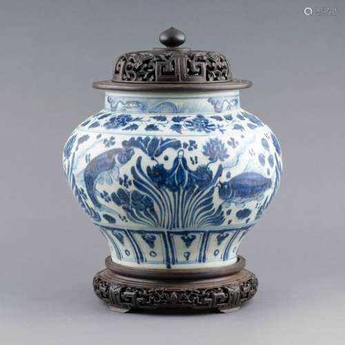 YUAN DYNASTY BLUE AND WHITE LOTUS & CARP COVERED JAR