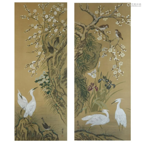 Pr Antique Japanese Scroll Paintings Egrets