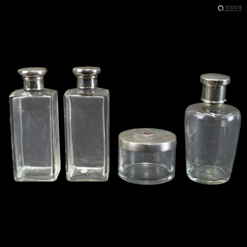 4 English Sterling and Glass Vanity Bottles