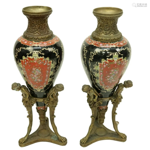 Pair of 20th Century Bronze and Porcelain Urn