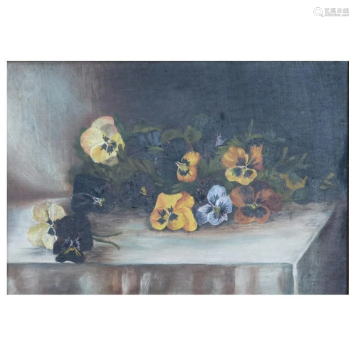 O/C Still Life of Pansies signed E. M. C. 