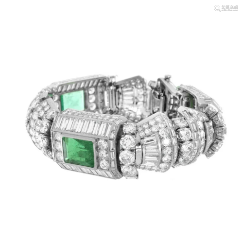 Important Diamond, Emerald and Platinum Bracelet