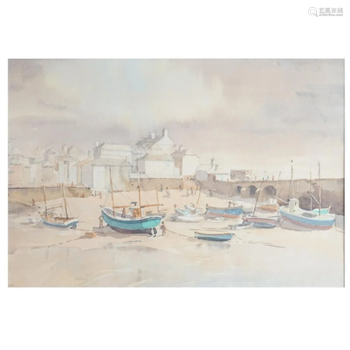 English School Watercolor Iken Fishing Boats