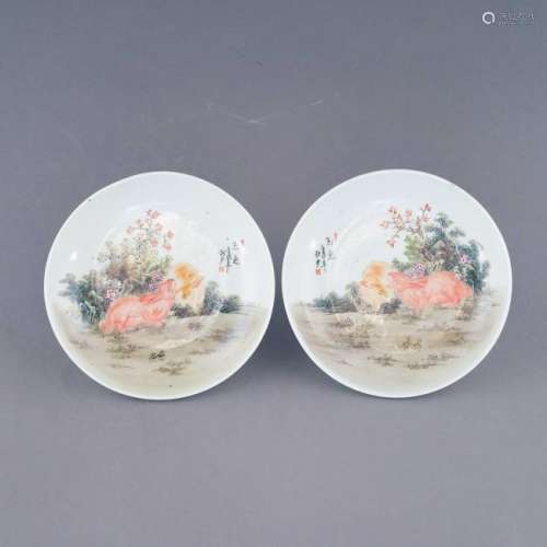 PAIR OF 20TH C CHINESE FAMILLE ROSE HARE PORCELAIN
