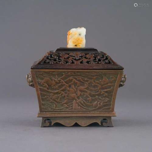 MING BRONZE SQUARE CENSER & JADE FINIAL