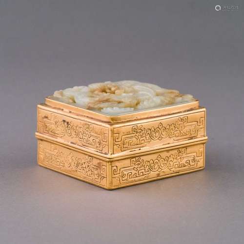 QING GILT BRONZE & JADE MEDALLION TRINKET BOX