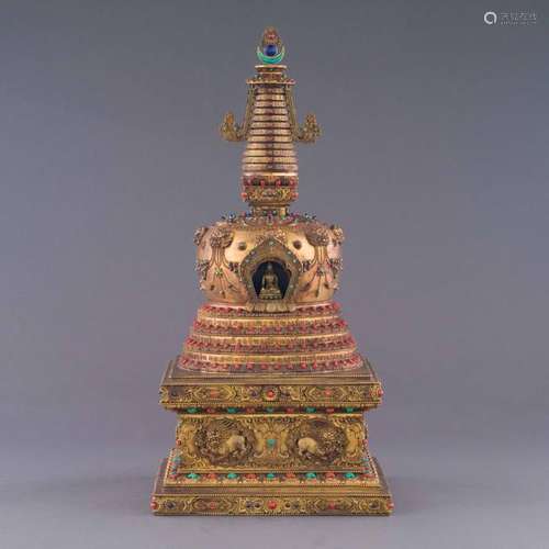 ANTIQUE CHINESE GILT BRONZE STUPA BUDDHA HOUSE