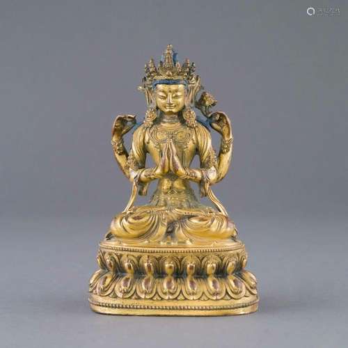 MING YONGLE GILT BRONZE BUDDHA OF AVALOKITESHVARA