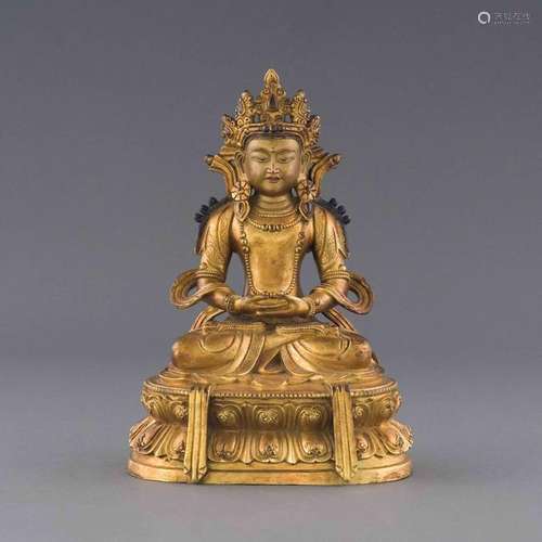 18TH C QING GILT BRONZE INLAID AMITAYUS BUDDHA