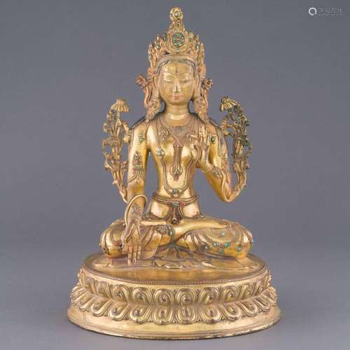 LARGE QING GILT BRONZE INLAID BUDDHA TARA