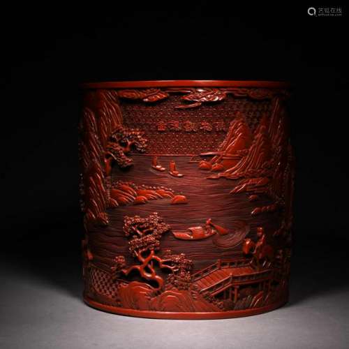 A CHINESE CARVED WOOD LAQUERED BRUSH POT