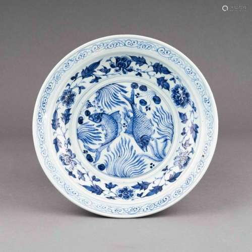YUAN BLUE AND WHITE DOUBLE CARPS PLATE