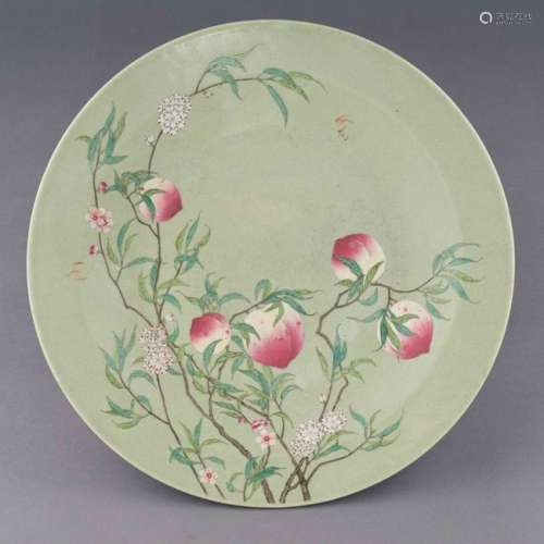 QING FAMILLE ROSE PEACH OVER CELADON GLAZED PLATE