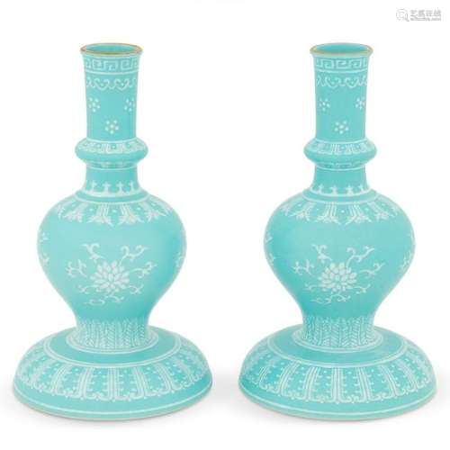 PAIR SGRAFITTO FLORAL TURQUOISE GLAZED CANDLE HOLDERS